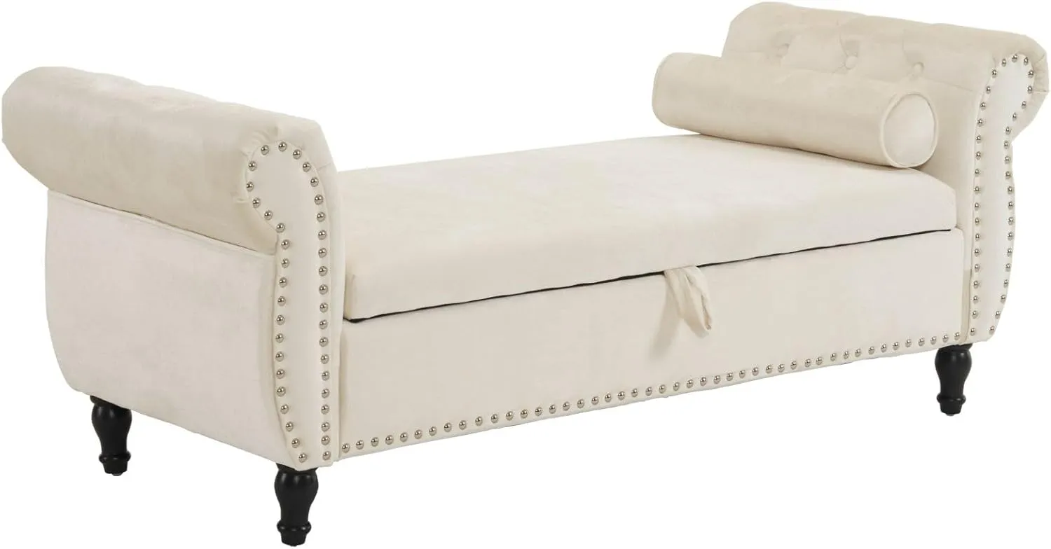 Merax 51" Velvet Armrest Ottoman with Storage and Pillow, Pine Wood Upholstered Bench Seating Foot Rest Stool Furniture for Bedroom, Living Room, Entryway, Beige