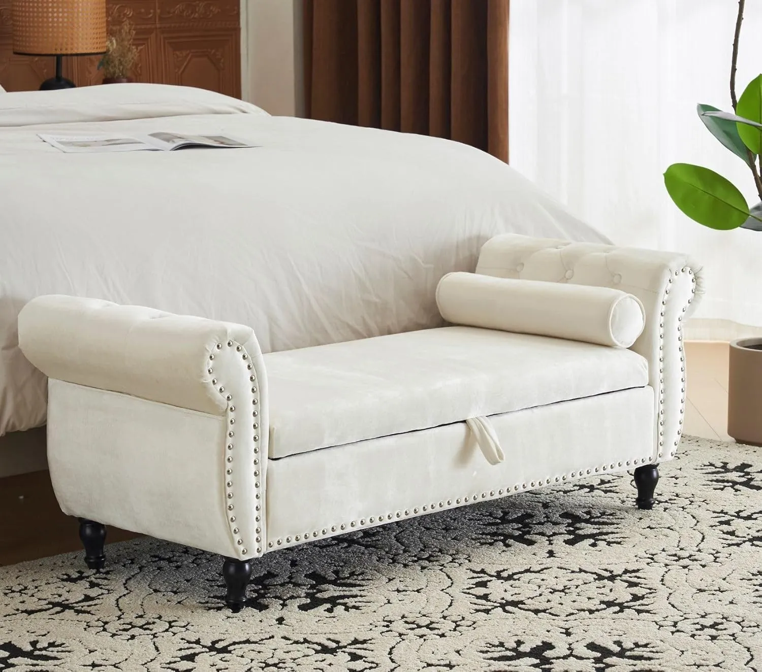 Merax 51" Velvet Armrest Ottoman with Storage and Pillow, Pine Wood Upholstered Bench Seating Foot Rest Stool Furniture for Bedroom, Living Room, Entryway, Beige