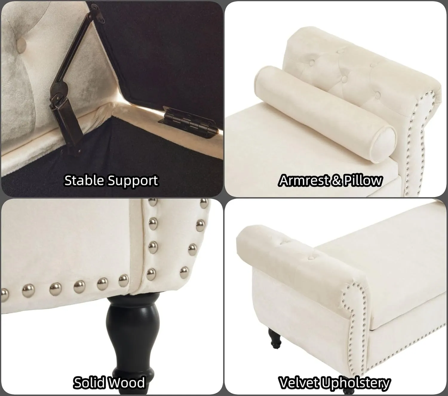 Merax 51" Velvet Armrest Ottoman with Storage and Pillow, Pine Wood Upholstered Bench Seating Foot Rest Stool Furniture for Bedroom, Living Room, Entryway, Beige