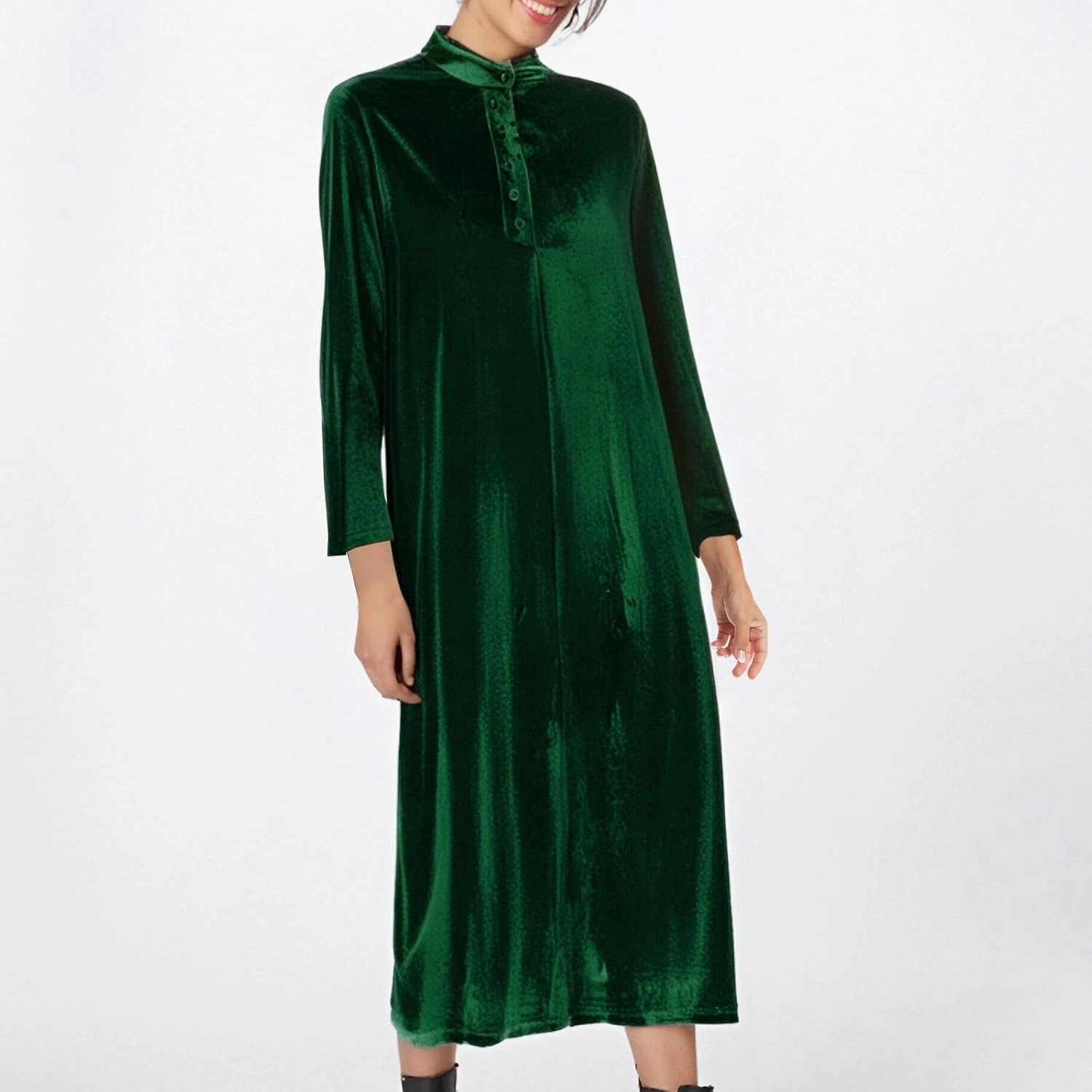Midi Dresses for Women，Casual Velvet Spring Dresses Crewneck Loose Pleated Long Sleeve Dress for Date Night Wedding