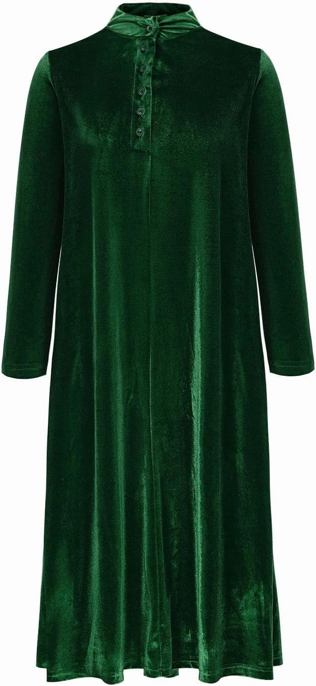 Midi Dresses for Women，Casual Velvet Spring Dresses Crewneck Loose Pleated Long Sleeve Dress for Date Night Wedding