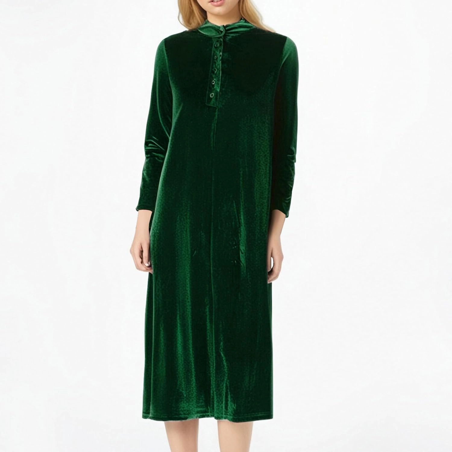 Midi Dresses for Women，Casual Velvet Spring Dresses Crewneck Loose Pleated Long Sleeve Dress for Date Night Wedding