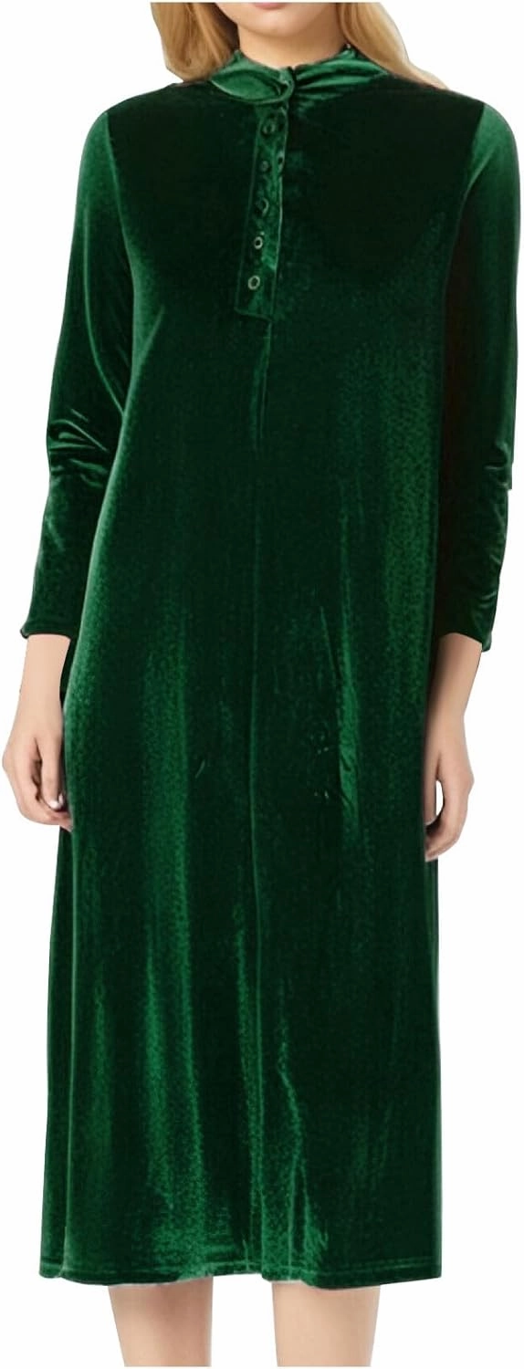 Midi Dresses for Women，Casual Velvet Spring Dresses Crewneck Loose Pleated Long Sleeve Dress for Date Night Wedding