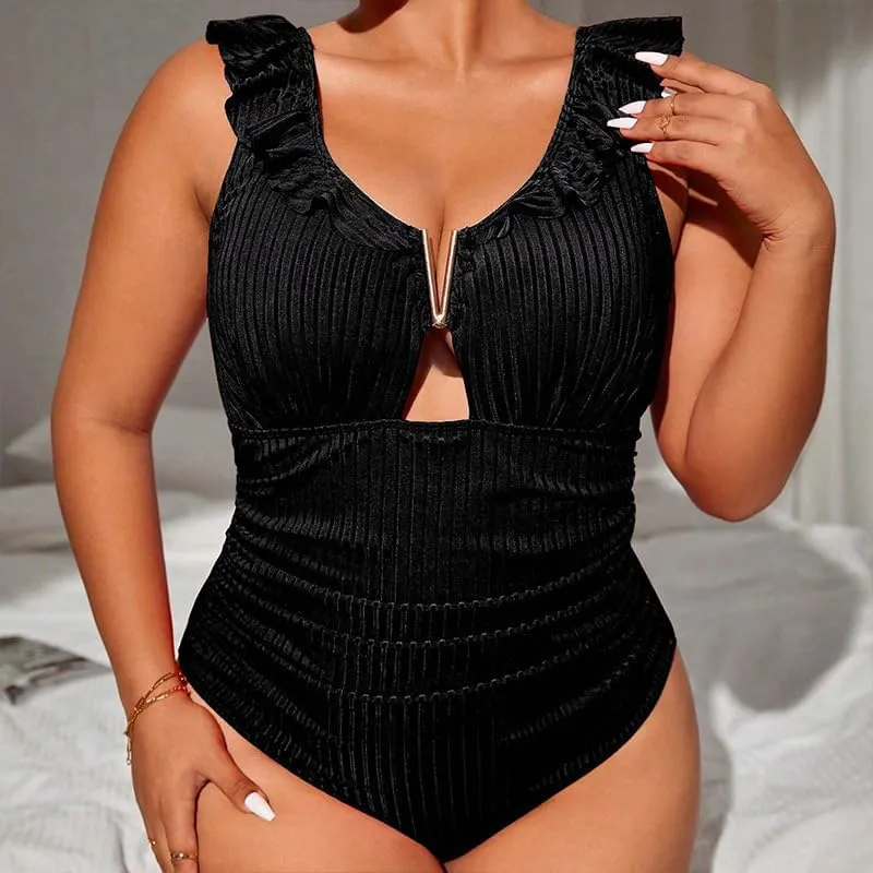 Midnight Velvet One Piece Swimsuits for Women, Ruched V-Neck, Zipper, Bodycon Dresses, Black, Size XL