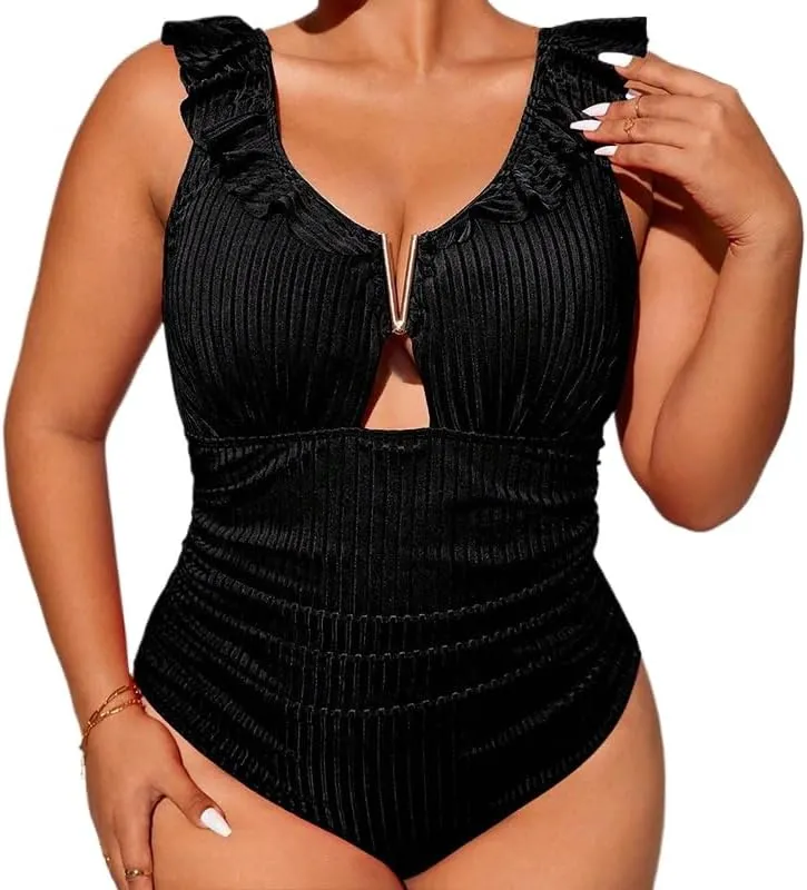 Midnight Velvet One Piece Swimsuits for Women, Ruched V-Neck, Zipper, Bodycon Dresses, Black, Size XL