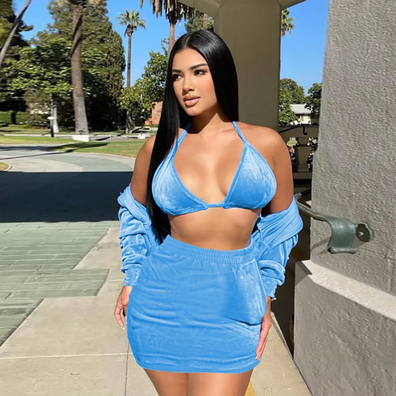 MKQW Women Velvet 3 Piece Outfits Sweatsuits Cute Hoodie Shorts Top Y2K Casual Velour Tracksuit Set with Free Bra