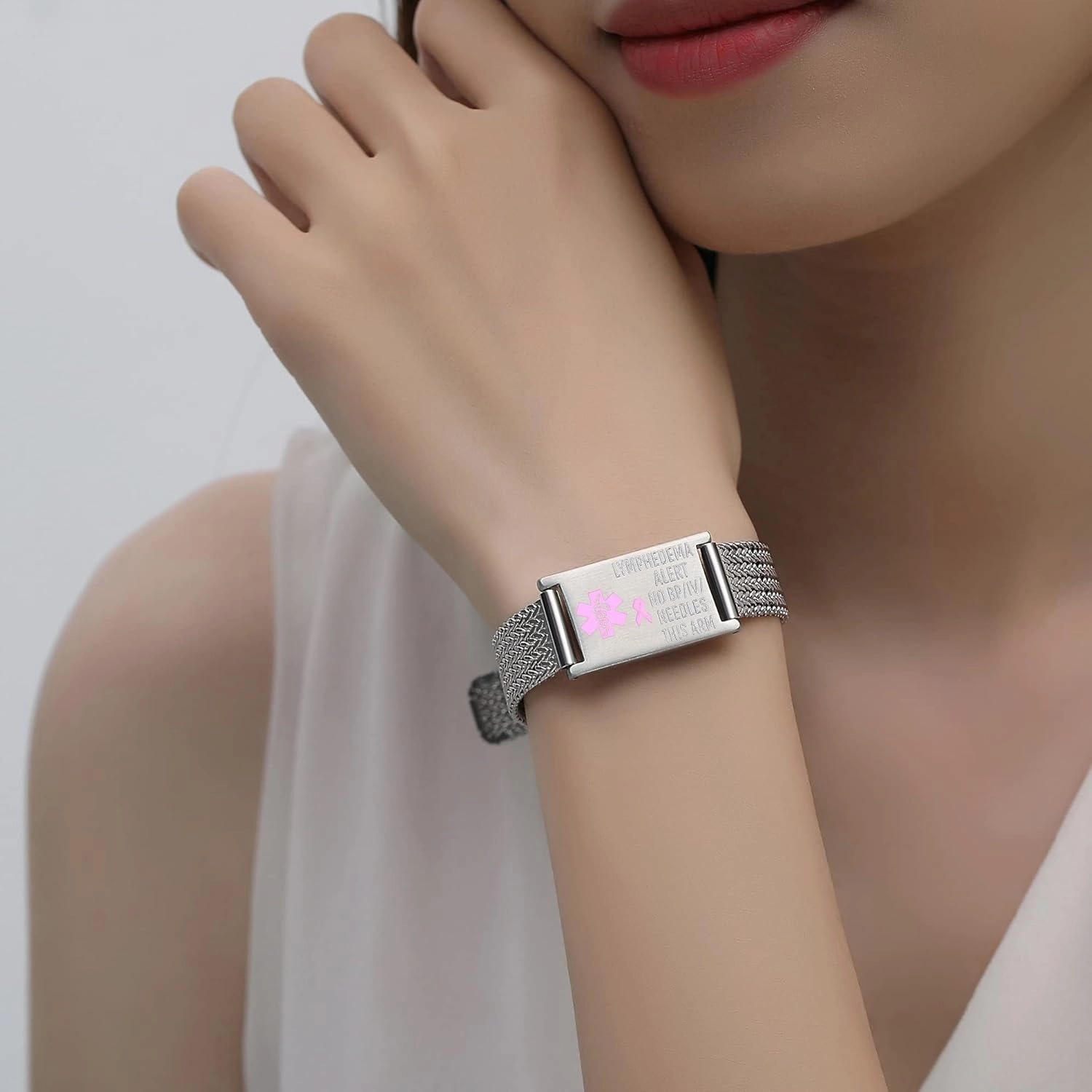 mnmoom Medical Alert Bracelets for Women Adjustable Stainless Steel Mesh lymphedema alert Bracelets with engraved NO BP/IV/NEEDLES THIS ARM