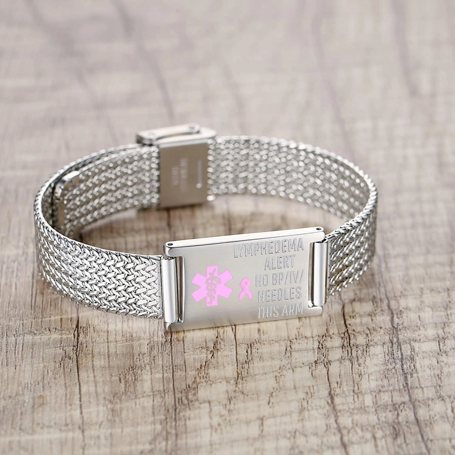 mnmoom Medical Alert Bracelets for Women Adjustable Stainless Steel Mesh lymphedema alert Bracelets with engraved NO BP/IV/NEEDLES THIS ARM