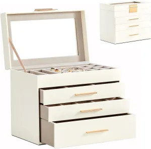 Modern Luxury Jewelry Box Organizer with Glass Lid, 4 Layers, 3 Drawers. White and Gold Exterior, Velvet Lined in White and Pink. For Rings, Earrings, Necklaces, Bracelets Storage.