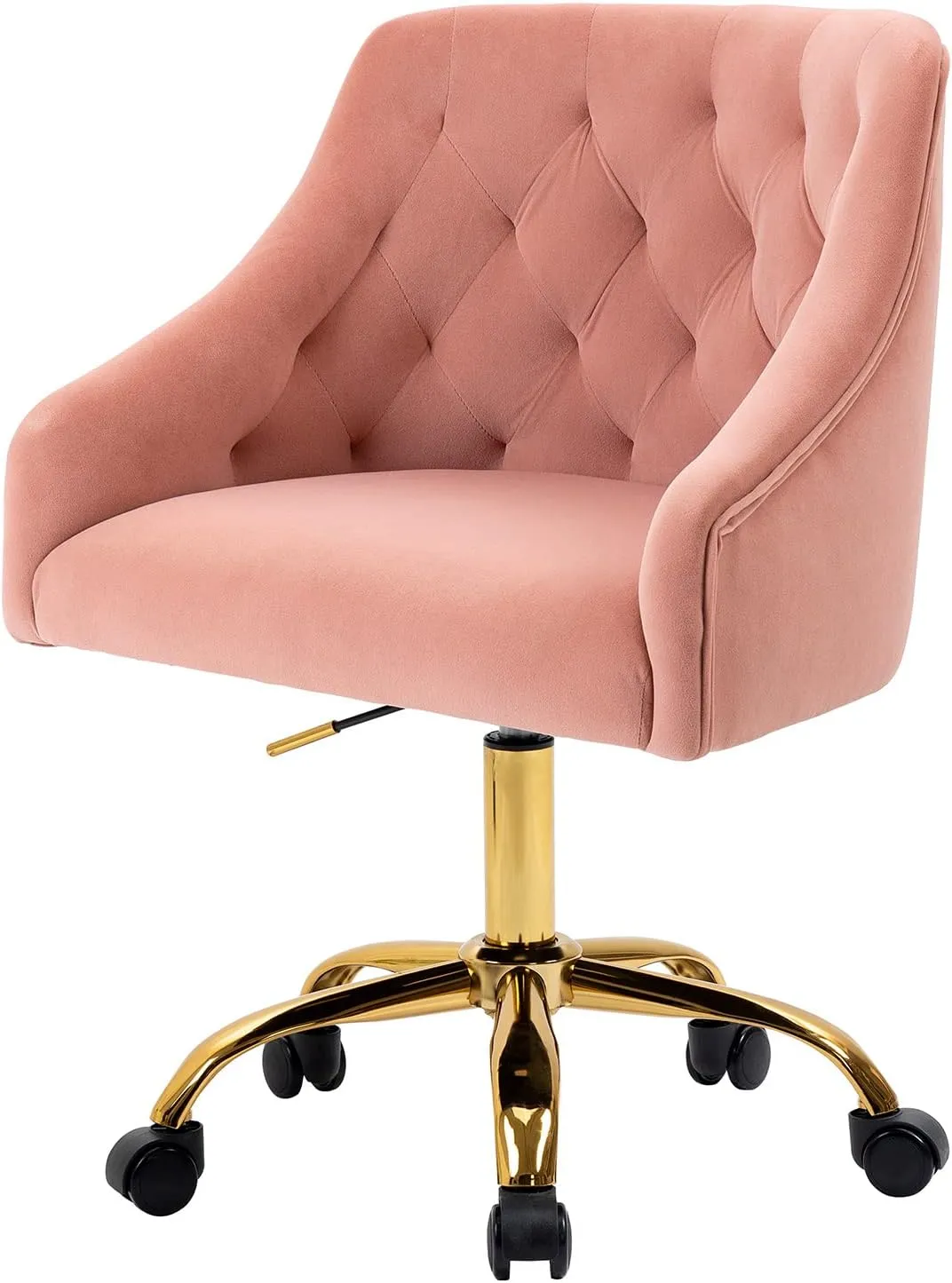MOJAY Velvet Office Swivel Chair, Vanity Fabric Desk Pretty Fancy Gold Office Chairs for Girls, 360°Swivel Height Adjustable Reception Chair (Pink)