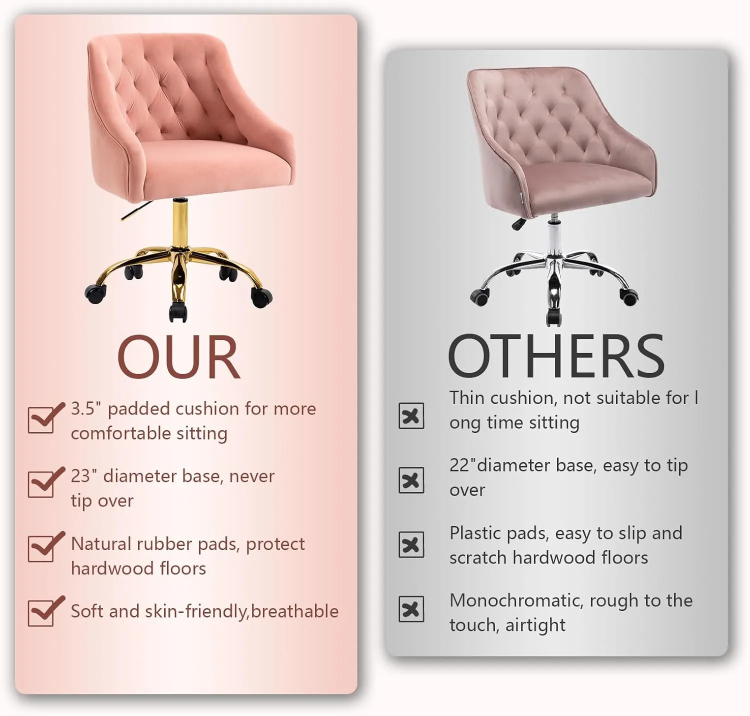 MOJAY Velvet Office Swivel Chair, Vanity Fabric Desk Pretty Fancy Gold Office Chairs for Girls, 360°Swivel Height Adjustable Reception Chair (Pink)