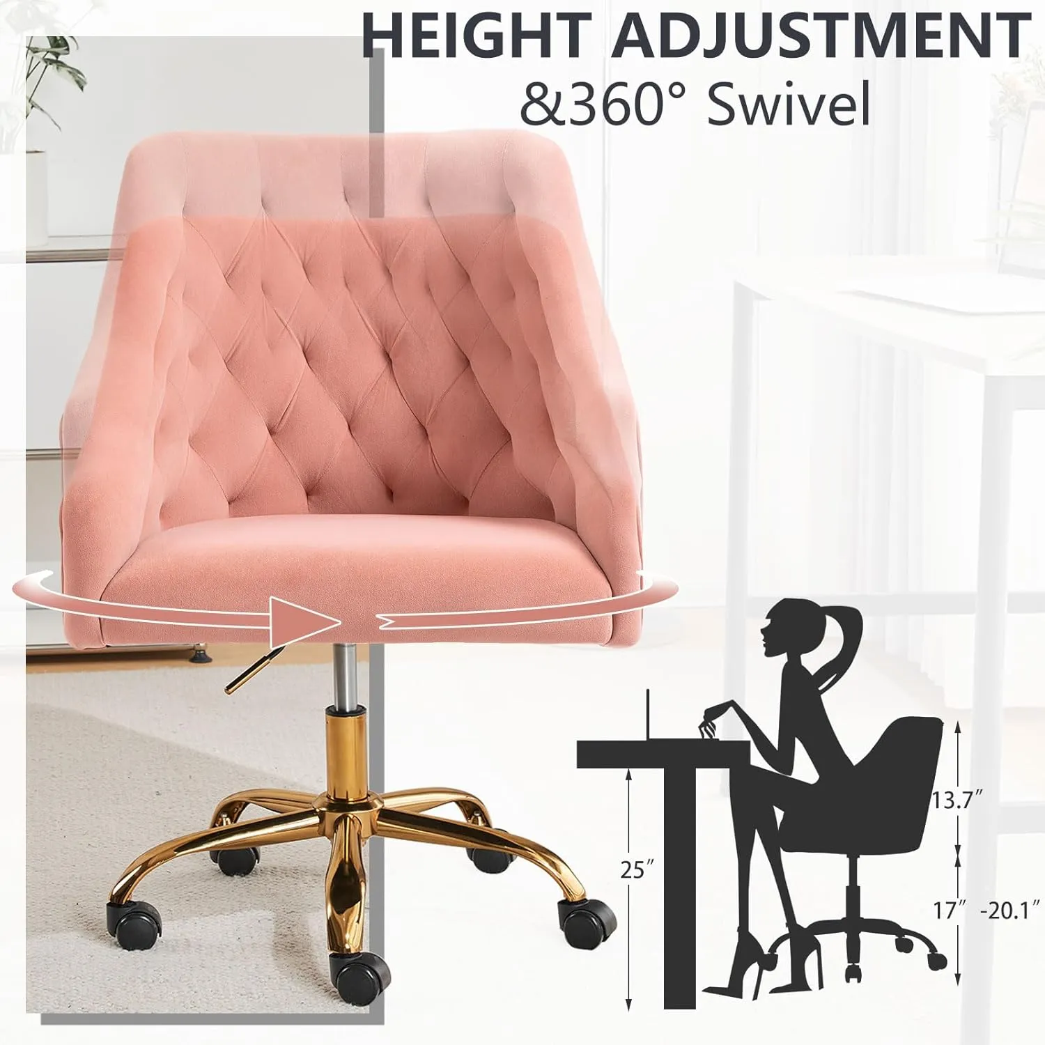 MOJAY Velvet Office Swivel Chair, Vanity Fabric Desk Pretty Fancy Gold Office Chairs for Girls, 360°Swivel Height Adjustable Reception Chair (Pink)