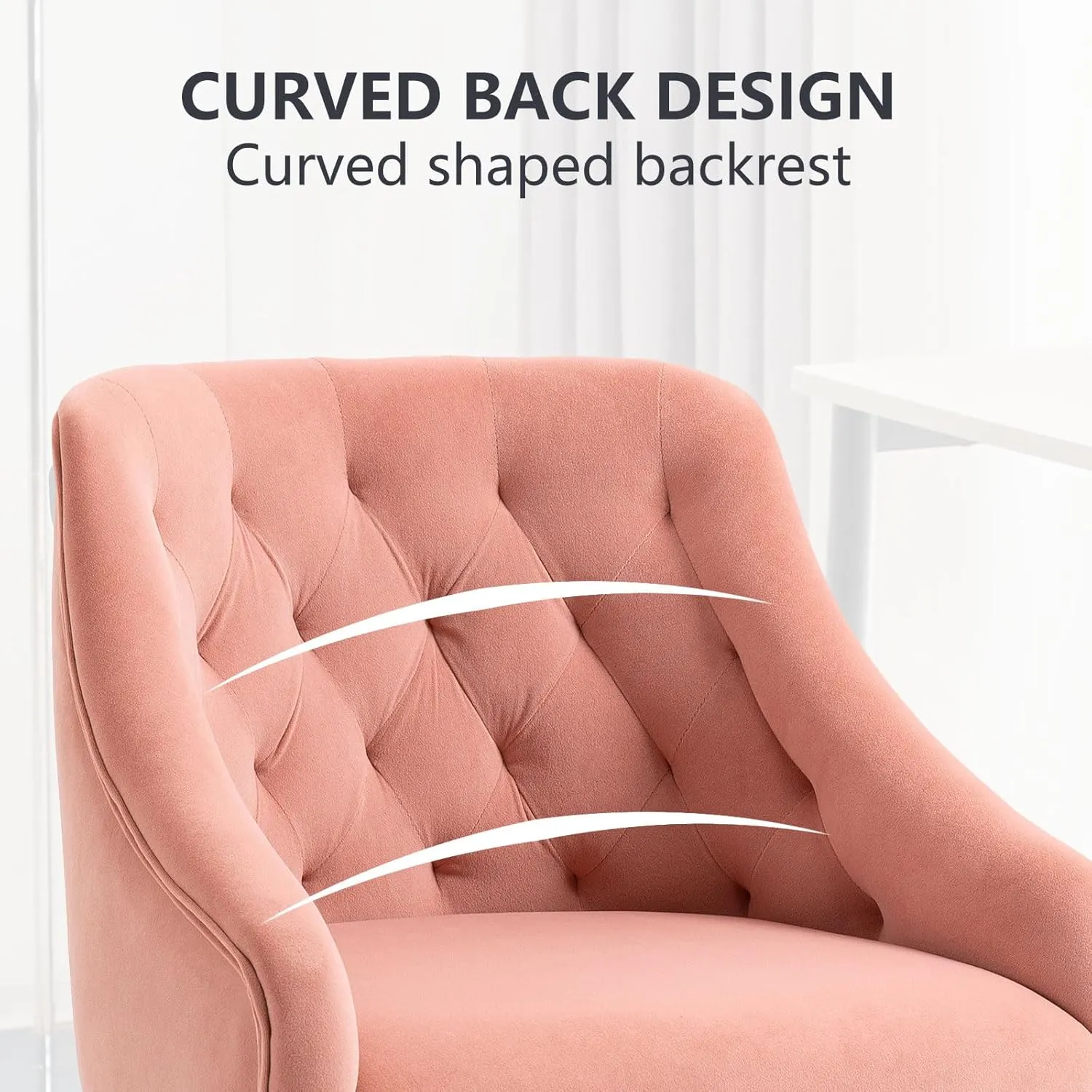 MOJAY Velvet Office Swivel Chair, Vanity Fabric Desk Pretty Fancy Gold Office Chairs for Girls, 360°Swivel Height Adjustable Reception Chair (Pink)