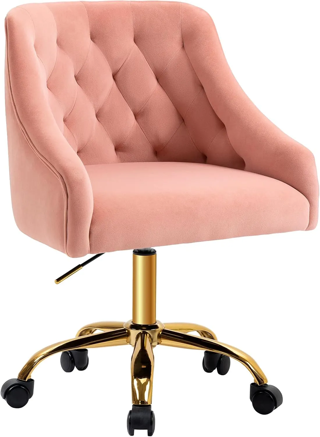 MOJAY Velvet Office Swivel Chair, Vanity Fabric Desk Pretty Fancy Gold Office Chairs for Girls, 360°Swivel Height Adjustable Reception Chair (Pink)