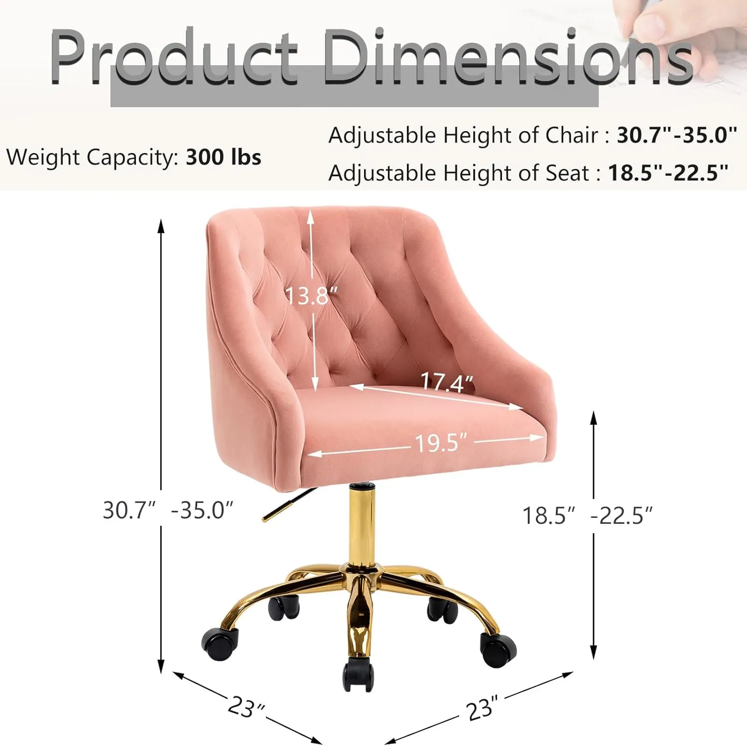 MOJAY Velvet Office Swivel Chair, Vanity Fabric Desk Pretty Fancy Gold Office Chairs for Girls, 360°Swivel Height Adjustable Reception Chair (Pink)