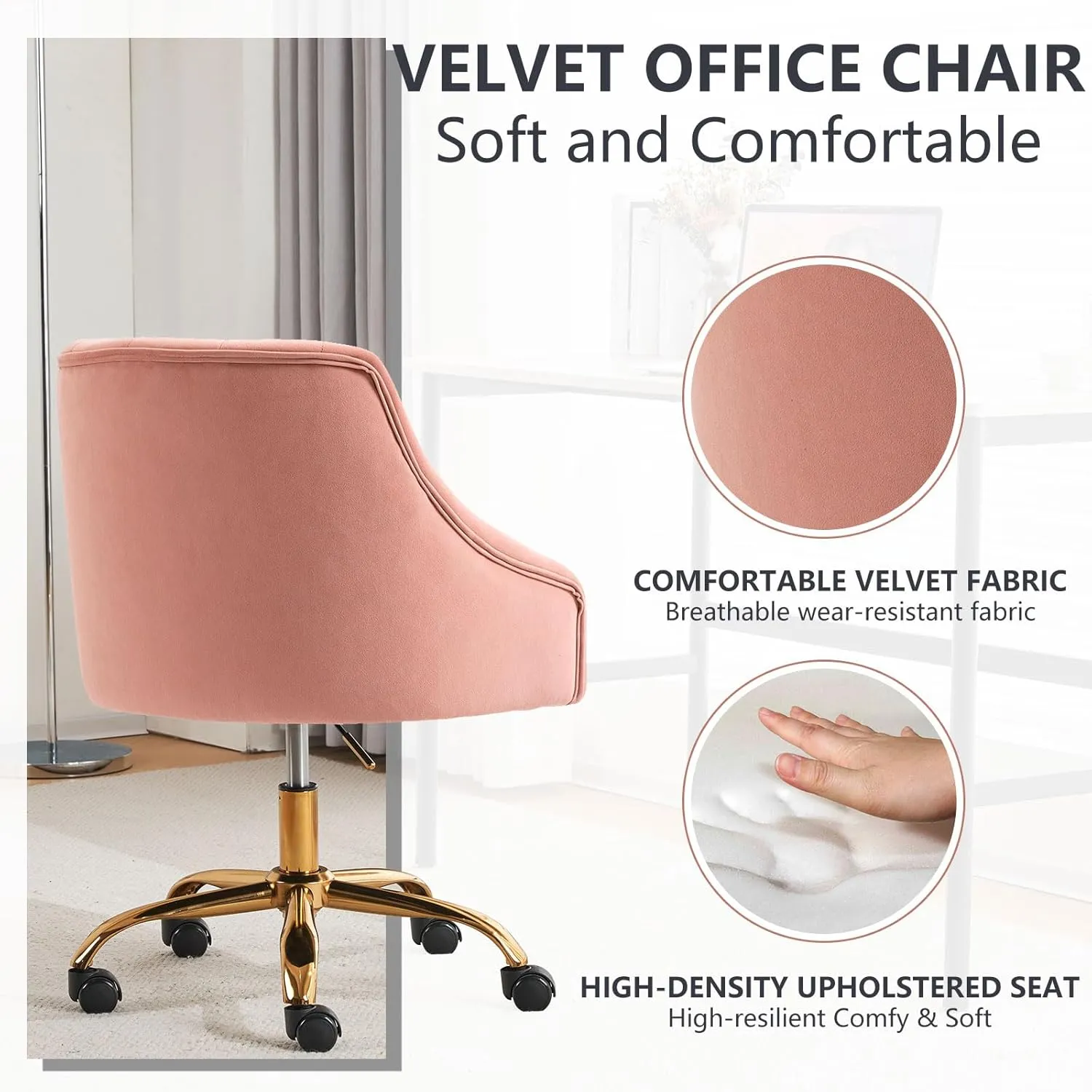 MOJAY Velvet Office Swivel Chair, Vanity Fabric Desk Pretty Fancy Gold Office Chairs for Girls, 360°Swivel Height Adjustable Reception Chair (Pink)