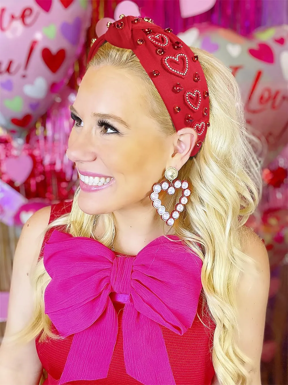 MOLOCH Pink Heart Headband for Women Rhinestone Conversation Love Heart Headbands Crystal Knotted Bejeweled Wide Velvet Fashion Hairband Valentines Day Country Concert Hair Accessories