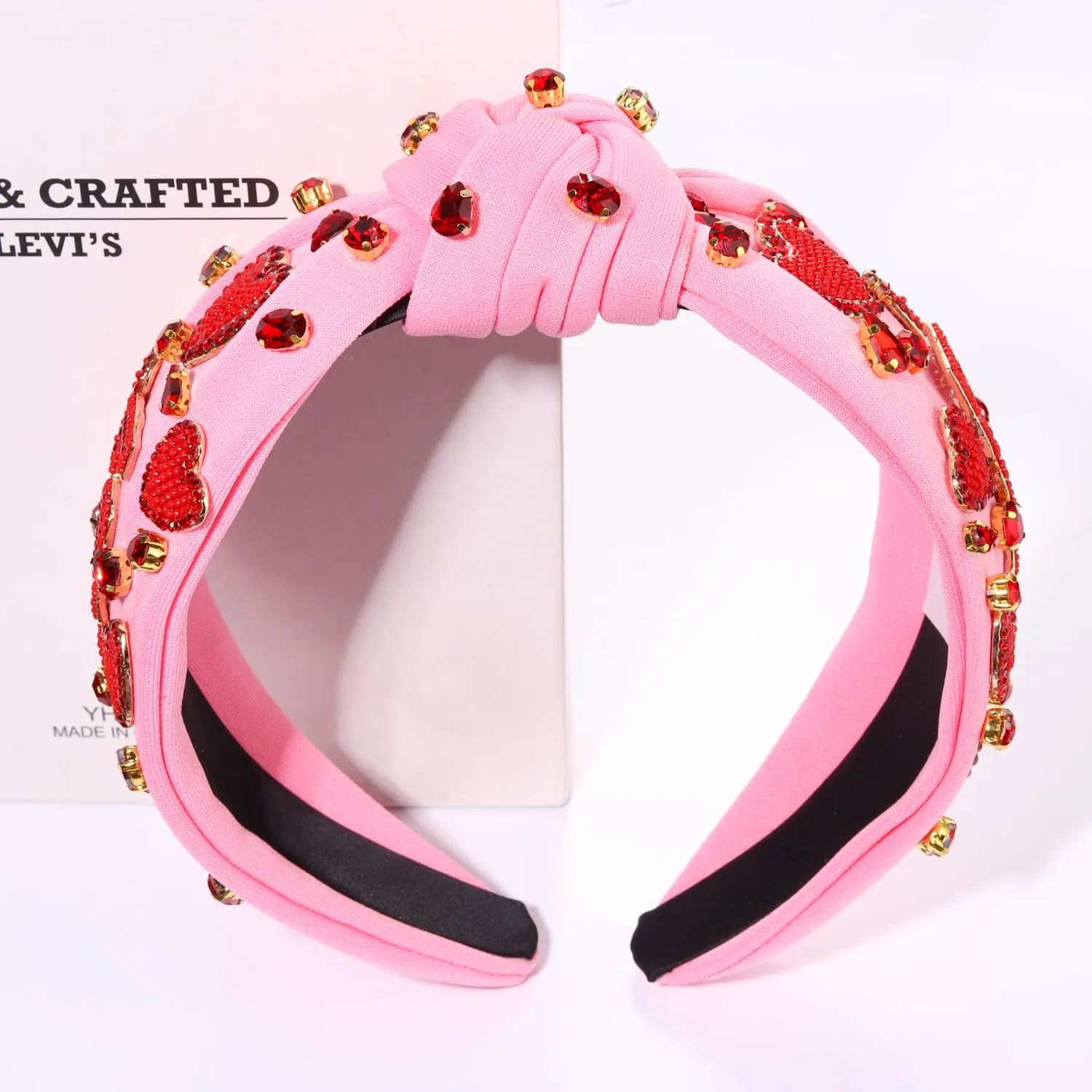 MOLOCH Valentine's Day Headband for Women Beaded Love Heart Knotted Headbands Jeweled Crystal Pink Top Knot Headband Galentine's Day Valentine's Day Hair Accessories Gifts