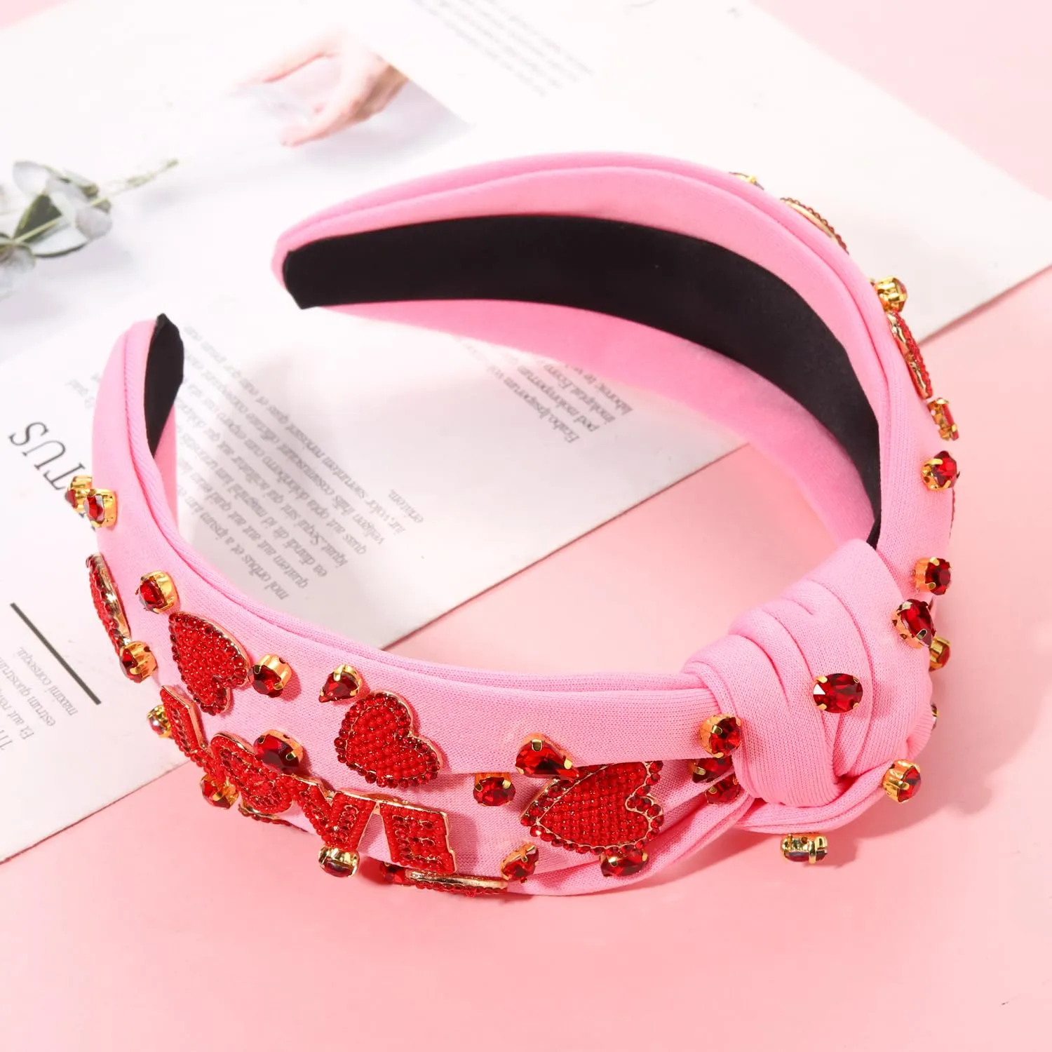 MOLOCH Valentine's Day Headband for Women Beaded Love Heart Knotted Headbands Jeweled Crystal Pink Top Knot Headband Galentine's Day Valentine's Day Hair Accessories Gifts