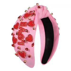 MOLOCH Valentine's Day Headband for Women Beaded Love Heart Knotted Headbands Jeweled Crystal Pink Top Knot Headband Galentine's Day Valentine's Day Hair Accessories Gifts