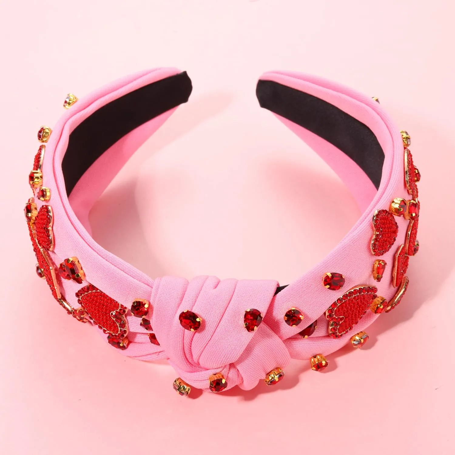 MOLOCH Valentine's Day Headband for Women Beaded Love Heart Knotted Headbands Jeweled Crystal Pink Top Knot Headband Galentine's Day Valentine's Day Hair Accessories Gifts