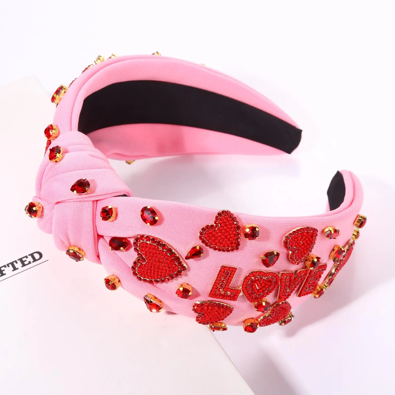 MOLOCH Valentine's Day Headband for Women Beaded Love Heart Knotted Headbands Jeweled Crystal Pink Top Knot Headband Galentine's Day Valentine's Day Hair Accessories Gifts