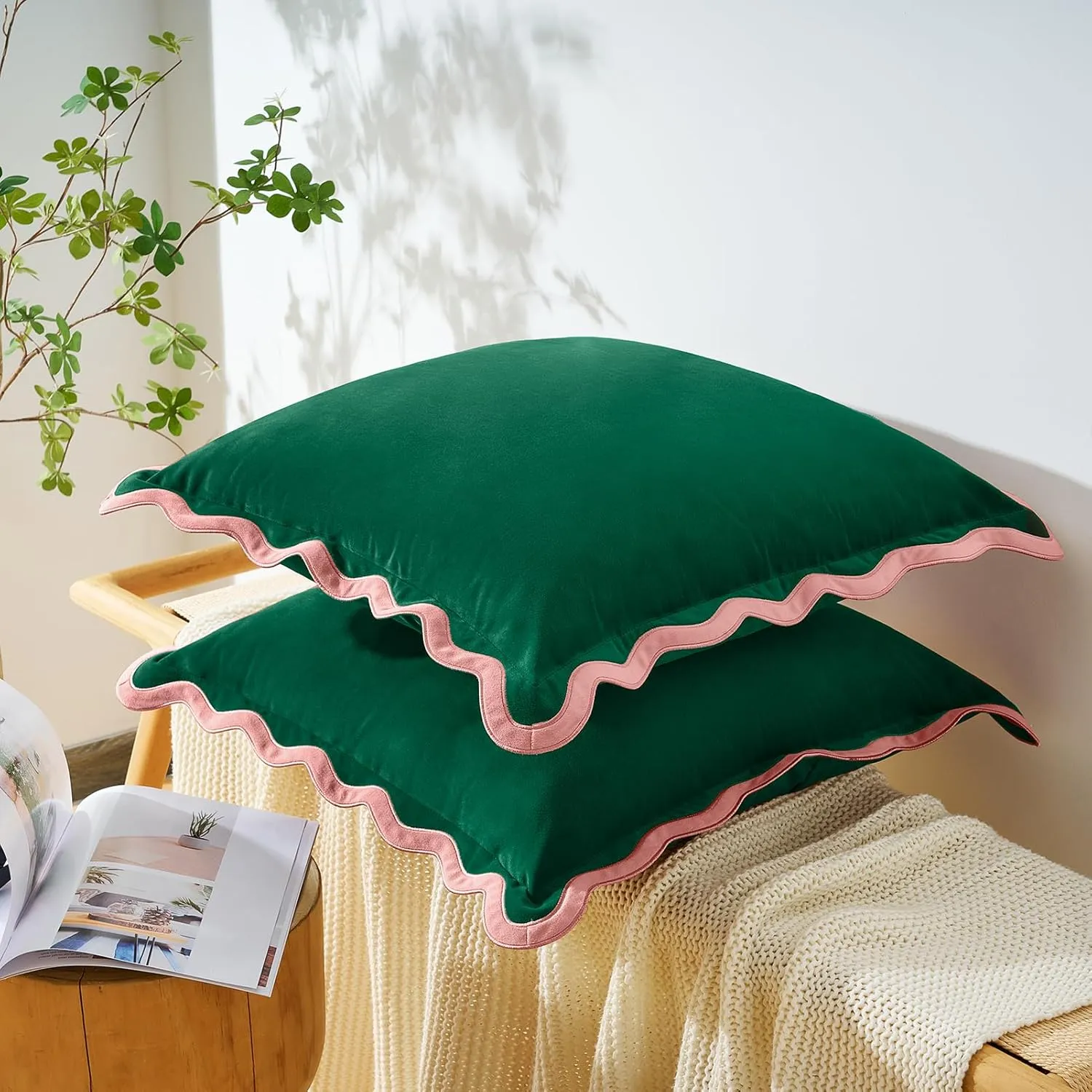 MONDAY MOOSE Decorative Throw Pillow Covers Cushion Cases, Set of 2 Soft Velvet Scalloped Wavy Edge Designs, Mix and Match for Home Decor, Pillow Inserts Not Included (Pink/Green, 20x20 inch)