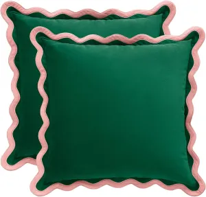 MONDAY MOOSE Decorative Throw Pillow Covers Cushion Cases, Set of 2 Soft Velvet Scalloped Wavy Edge Designs, Mix and Match for Home Decor, Pillow Inserts Not Included (Pink/Green, 20x20 inch)