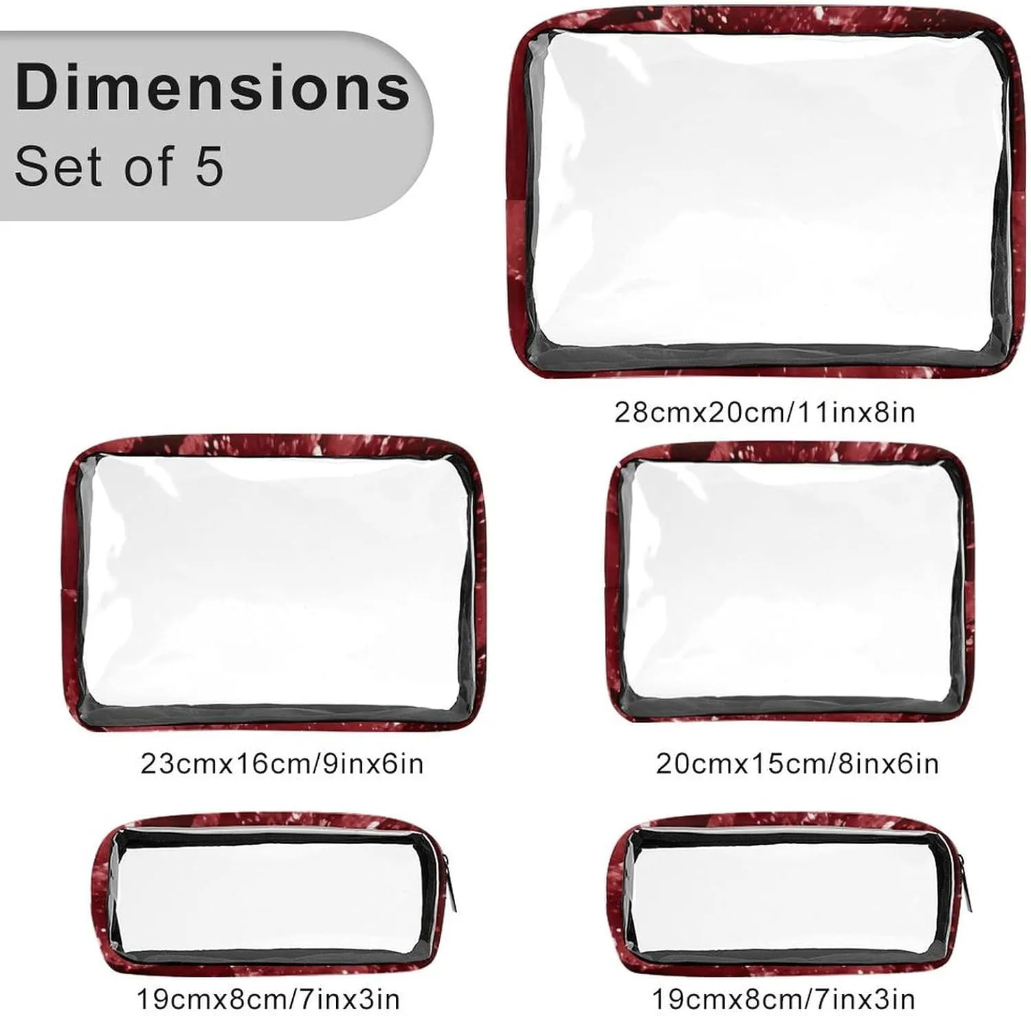 Moody Crimson Agate Dark Blood Red Jewel Tone Transparent Storage Bag, 5-piece Makeup Bag Set White-style