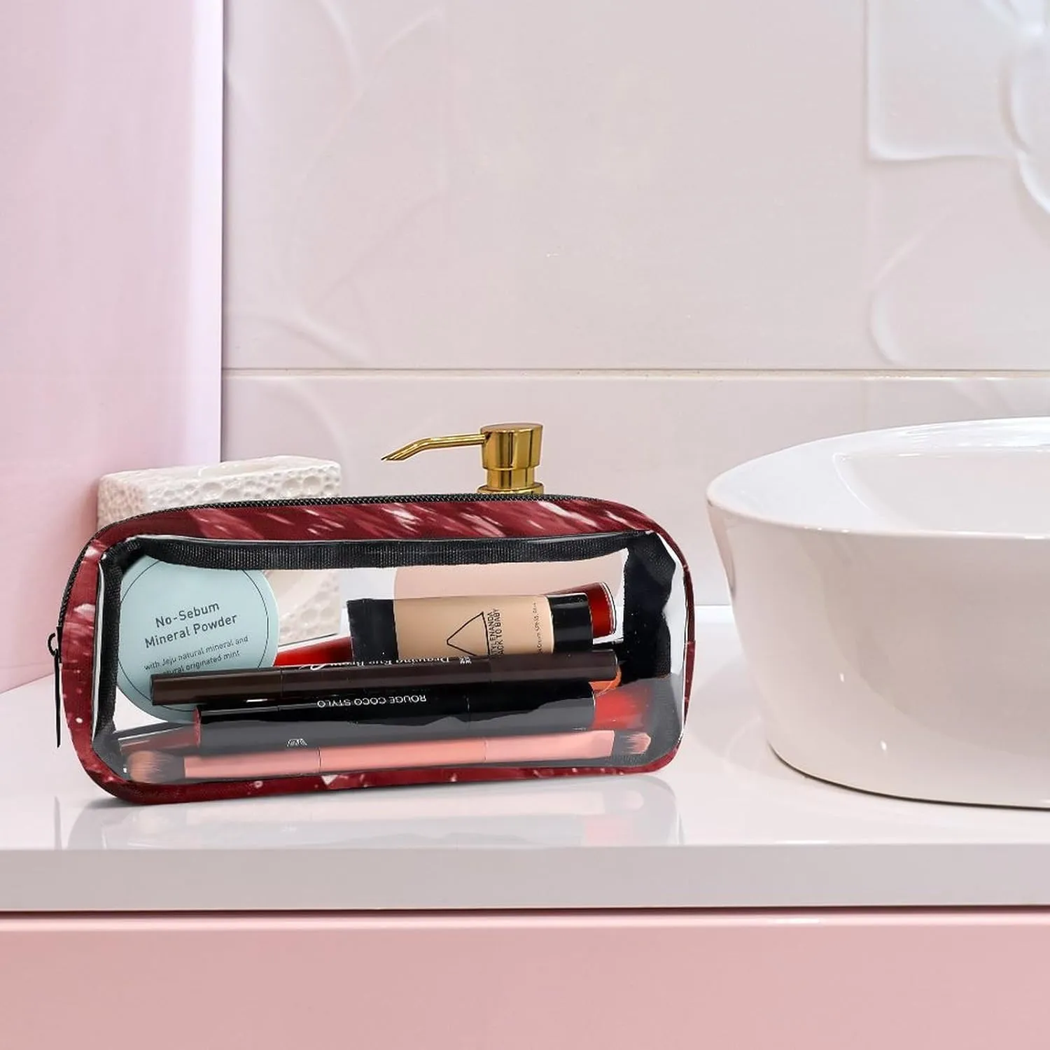 Moody Crimson Agate Dark Blood Red Jewel Tone Transparent Storage Bag, 5-piece Makeup Bag Set White-style