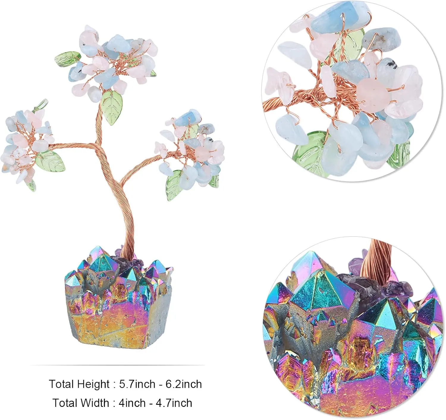 mookaitedecor Healing Crystal Aquamarine & Rose Quartz Money Tree with Rainbow Titanium Quartz Cluster Base Feng Shui Tree Home Office Table Decoration for Wealth and Luck, Blue & Pink