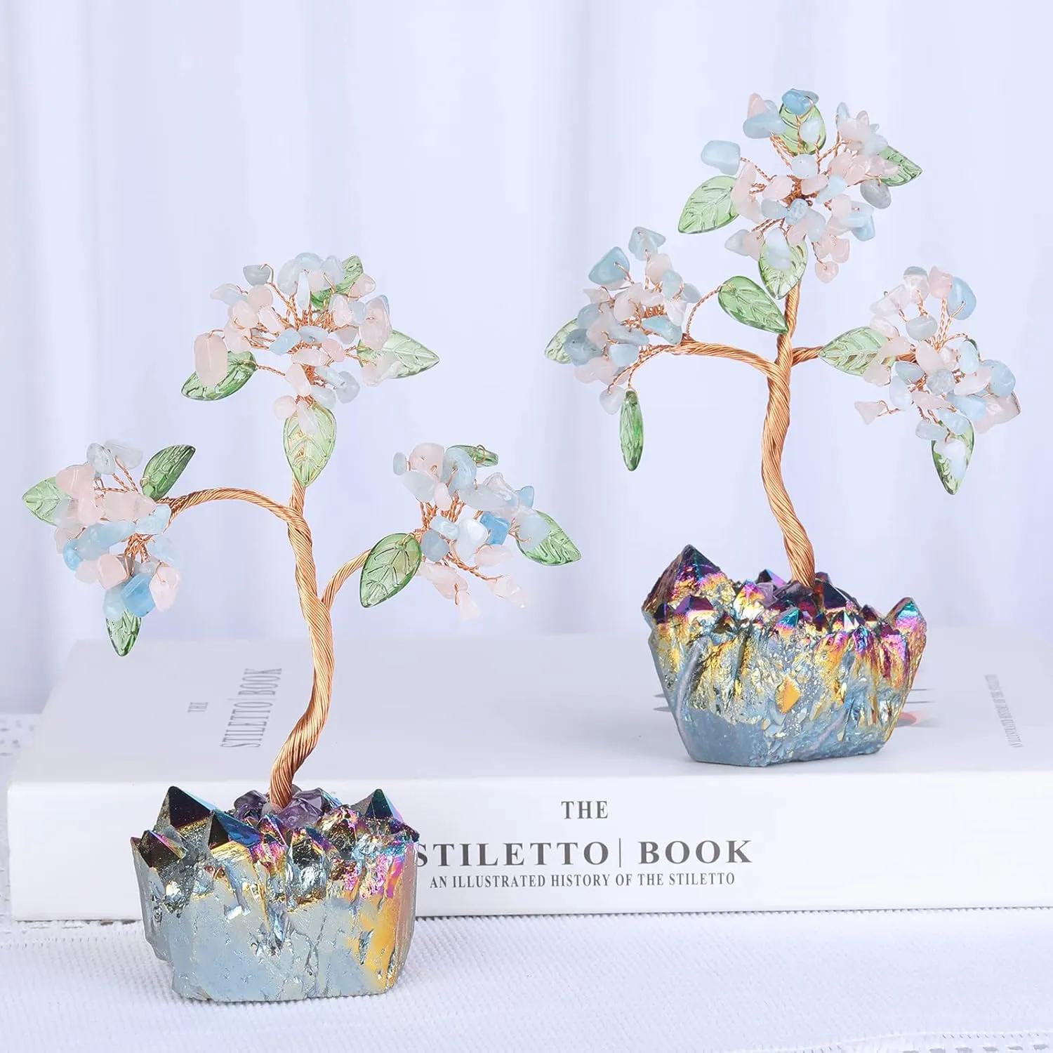 mookaitedecor Healing Crystal Aquamarine & Rose Quartz Money Tree with Rainbow Titanium Quartz Cluster Base Feng Shui Tree Home Office Table Decoration for Wealth and Luck, Blue & Pink
