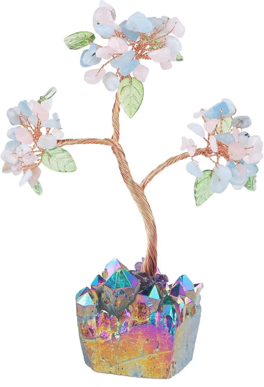 mookaitedecor Healing Crystal Aquamarine & Rose Quartz Money Tree with Rainbow Titanium Quartz Cluster Base Feng Shui Tree Home Office Table Decoration for Wealth and Luck, Blue & Pink