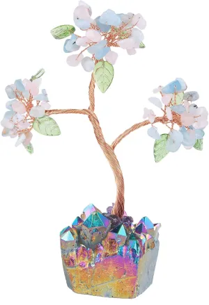 mookaitedecor Healing Crystal Aquamarine & Rose Quartz Money Tree with Rainbow Titanium Quartz Cluster Base Feng Shui Tree Home Office Table Decoration for Wealth and Luck, Blue & Pink