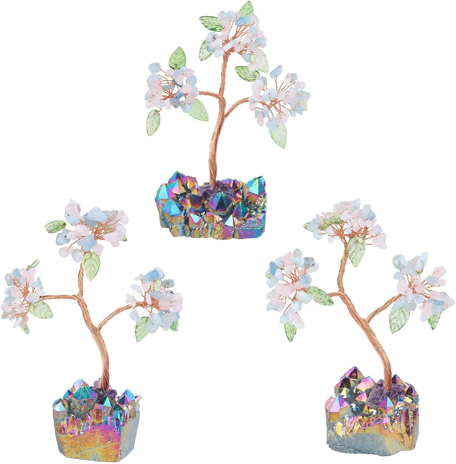 mookaitedecor Healing Crystal Aquamarine & Rose Quartz Money Tree with Rainbow Titanium Quartz Cluster Base Feng Shui Tree Home Office Table Decoration for Wealth and Luck, Blue & Pink
