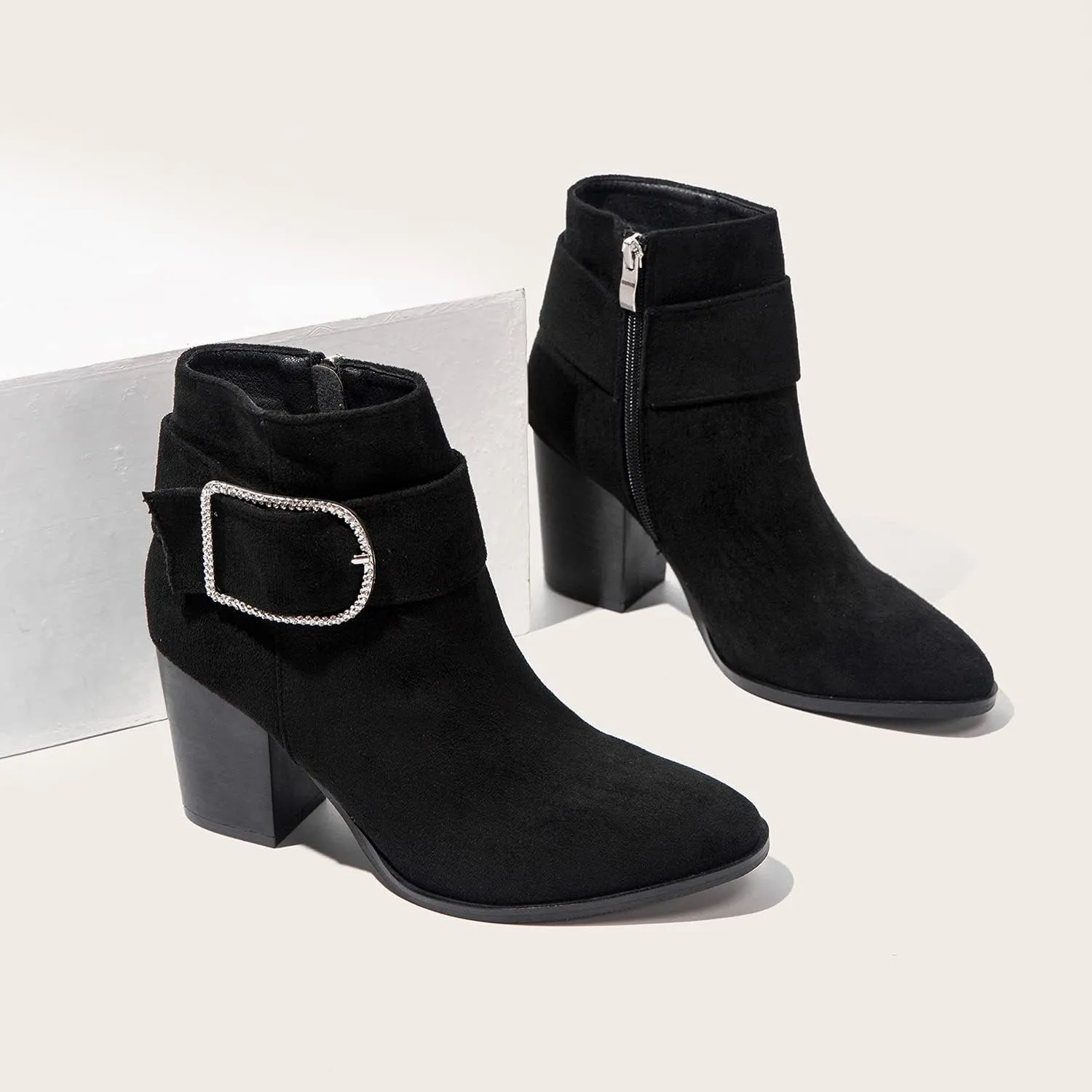 MOOMMO Chunky Block Heel Western Ankle Boots Booties For Women Pointed Toe Suede Leather Rhinestone Buckle Strap Zipper Cowboy Booties Lace Stacked Heel Dress Cowgirl Boots Fashion Casual 6-11 M US