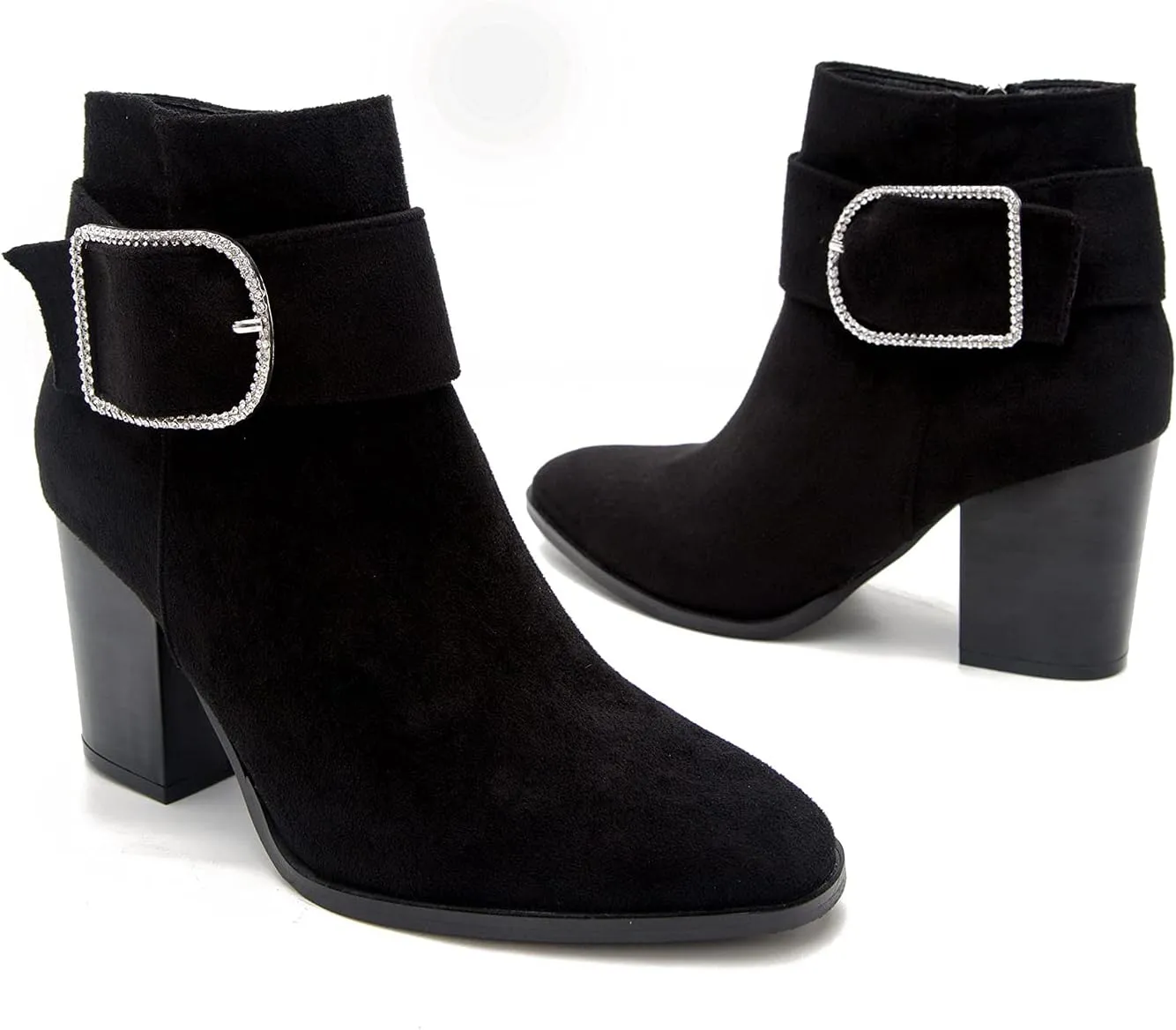 MOOMMO Chunky Block Heel Western Ankle Boots Booties For Women Pointed Toe Suede Leather Rhinestone Buckle Strap Zipper Cowboy Booties Lace Stacked Heel Dress Cowgirl Boots Fashion Casual 6-11 M US