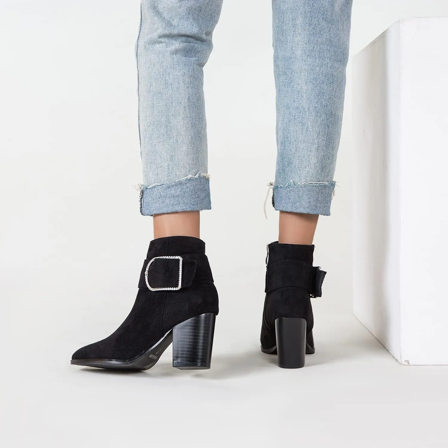 MOOMMO Chunky Block Heel Western Ankle Boots Booties For Women Pointed Toe Suede Leather Rhinestone Buckle Strap Zipper Cowboy Booties Lace Stacked Heel Dress Cowgirl Boots Fashion Casual 6-11 M US