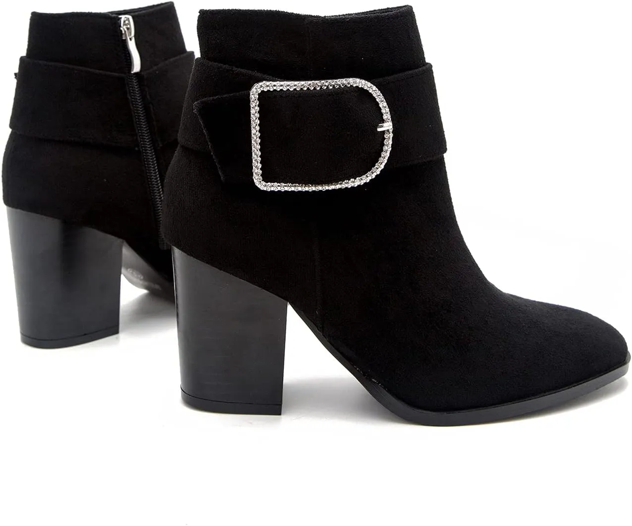 MOOMMO Chunky Block Heel Western Ankle Boots Booties For Women Pointed Toe Suede Leather Rhinestone Buckle Strap Zipper Cowboy Booties Lace Stacked Heel Dress Cowgirl Boots Fashion Casual 6-11 M US