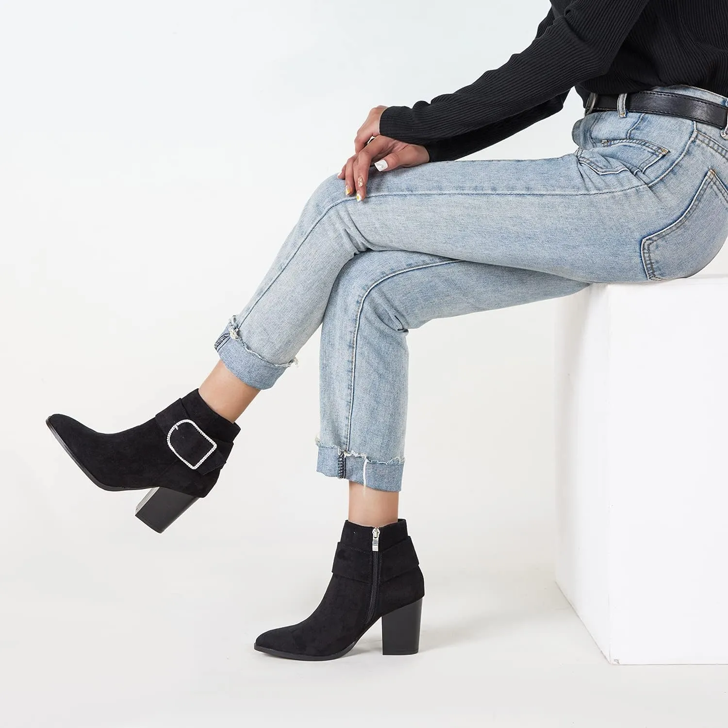 MOOMMO Chunky Block Heel Western Ankle Boots Booties For Women Pointed Toe Suede Leather Rhinestone Buckle Strap Zipper Cowboy Booties Lace Stacked Heel Dress Cowgirl Boots Fashion Casual 6-11 M US