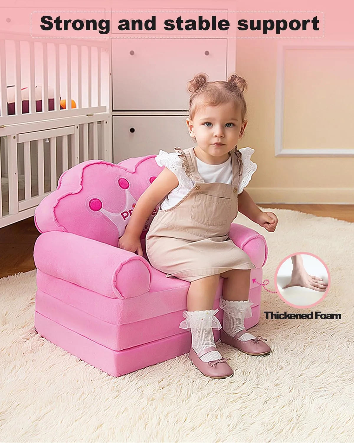 MOONBEEKI Kids Foldable Sofa Bed, Princess Chair for Toddlers 1-3, Pink Cartoon Shape, High Density Foam, Fold Out Couch for Bedroom, Sofa Bed for Girls, 15.1x19.7x2.4 inches, 4.4 lbs