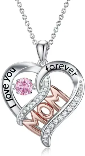 Mother's Day Heart Pendant Necklace - Dual-Tone Rose Gold & Silver Mom Jewelry with Pink Gemstone, Diamond Accented 'Forever Love' Engraved Gift for Her (18-Inch Chain)