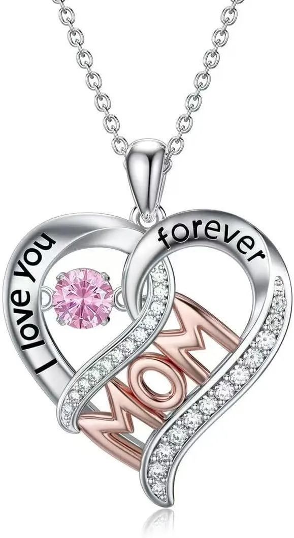 Mother's Day Heart Pendant Necklace - Dual-Tone Rose Gold & Silver Mom Jewelry with Pink Gemstone, Diamond Accented 'Forever Love' Engraved Gift for Her (18-Inch Chain)