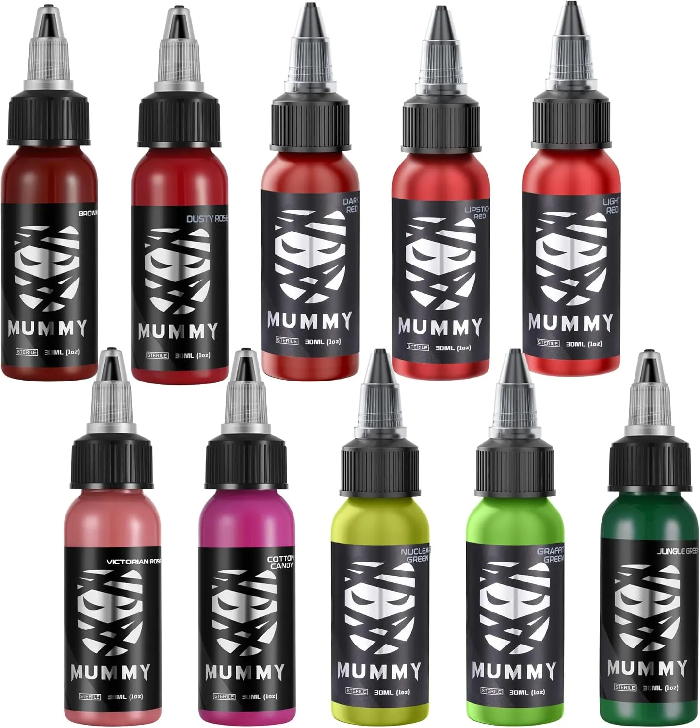 Mummy 10pcs USA Custom Tattoo Ink Rose Set Includes: (Lipstick red,Light red,Dark red,Graffiti Green,Nuclear Green,Dusty Rose,Cotton Candy,Brown,Victorian Rose,Jungle Green)