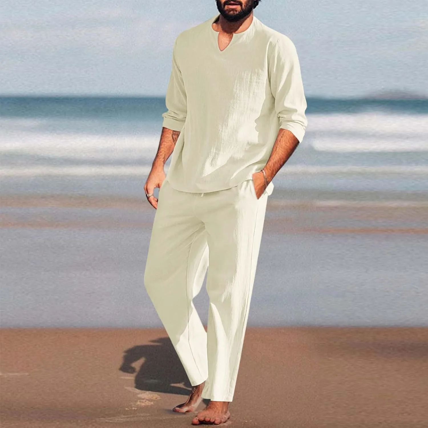 Muscularfit Men's 2 Pieces Cotton Linen Set Long Sleeve V-Neck Shirts Casual Beach Pant With Pockets Running Sports Tracksuit