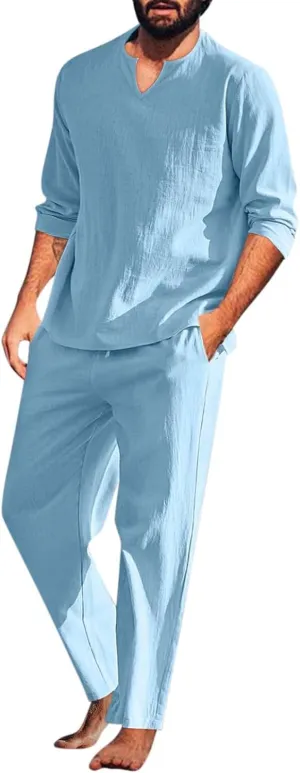 Muscularfit Men's 2 Pieces Cotton Linen Set Long Sleeve V-Neck Shirts Casual Beach Pant With Pockets Running Sports Tracksuit