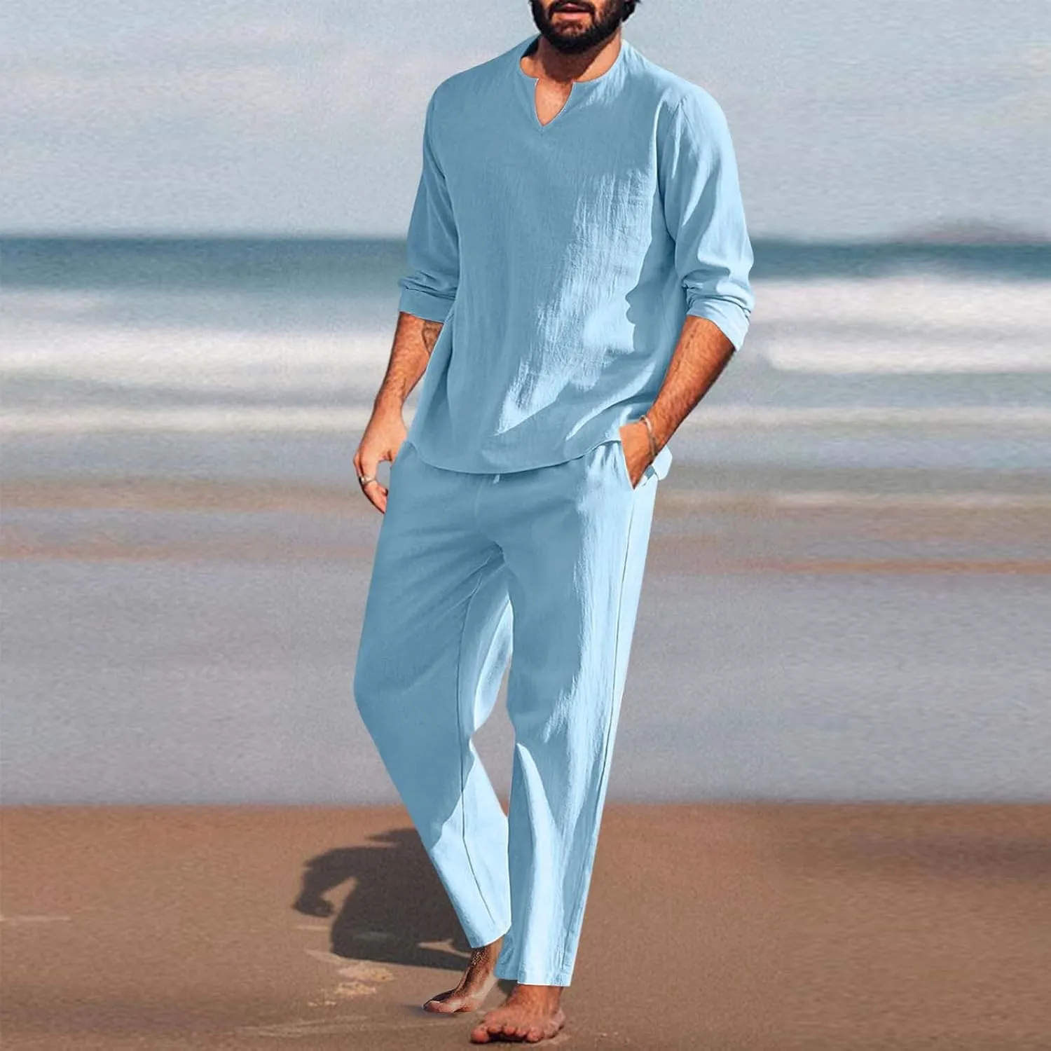 Muscularfit Men's 2 Pieces Cotton Linen Set Long Sleeve V-Neck Shirts Casual Beach Pant With Pockets Running Sports Tracksuit