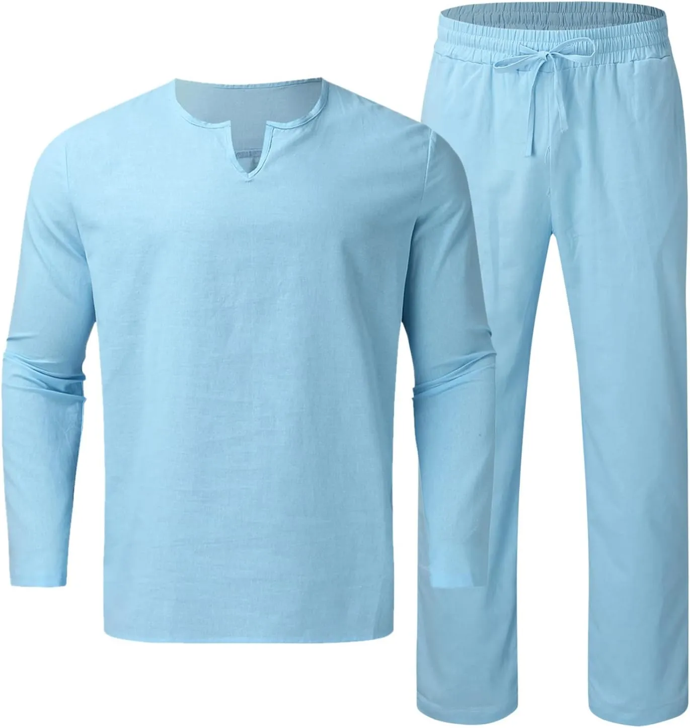 Muscularfit Men's 2 Pieces Cotton Linen Set Long Sleeve V-Neck Shirts Casual Beach Pant With Pockets Running Sports Tracksuit