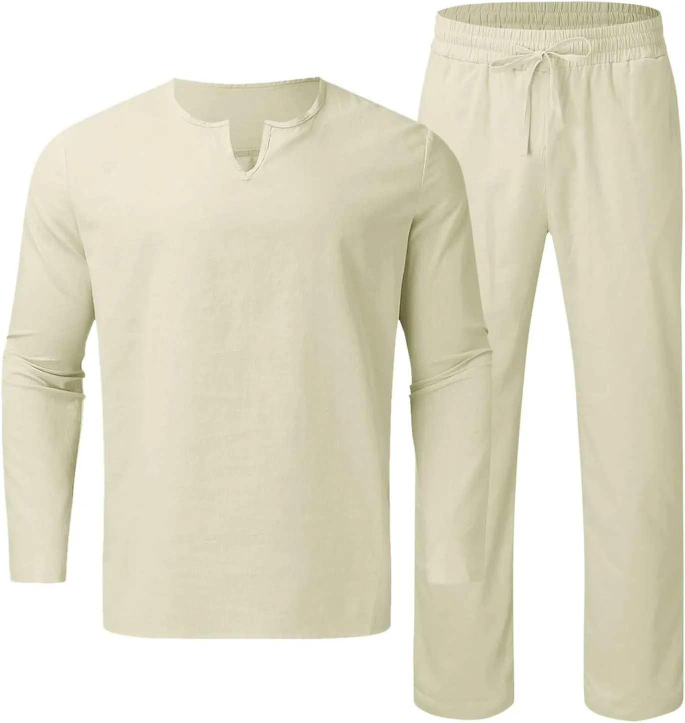 Muscularfit Men's 2 Pieces Cotton Linen Set Long Sleeve V-Neck Shirts Casual Beach Pant With Pockets Running Sports Tracksuit