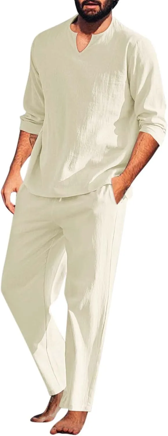 Muscularfit Men's 2 Pieces Cotton Linen Set Long Sleeve V-Neck Shirts Casual Beach Pant With Pockets Running Sports Tracksuit